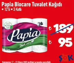 PAPİA BİOCARE TUVALET KAĞIDI 12'Lİ 3 KATLI